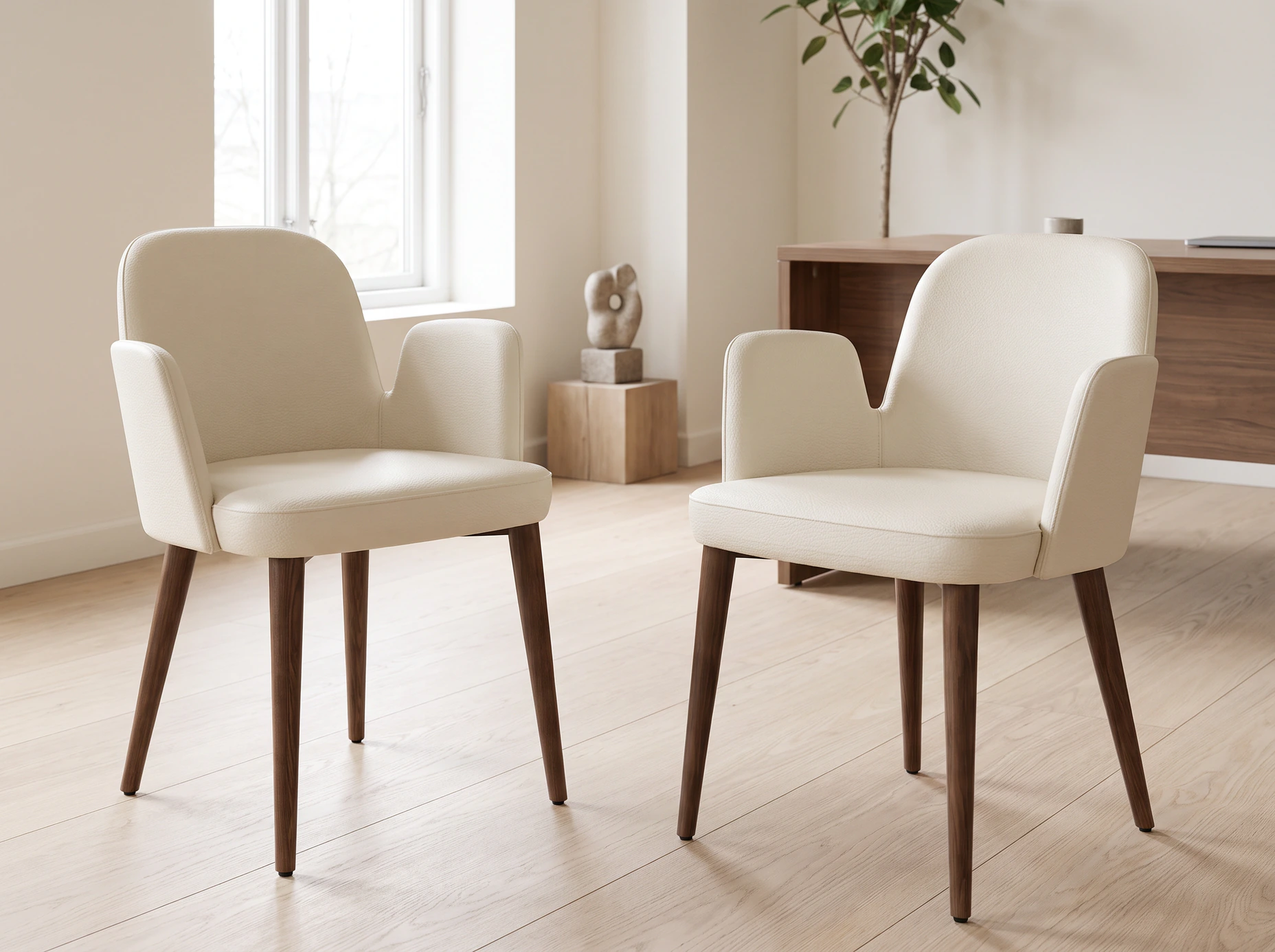 Illustration of two Cleo beech armchairs in light upholstery in a workplace lounge